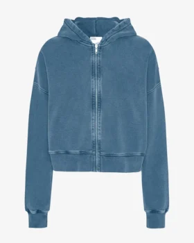 Sweat à capuche court zippé bio - Indigo délavé