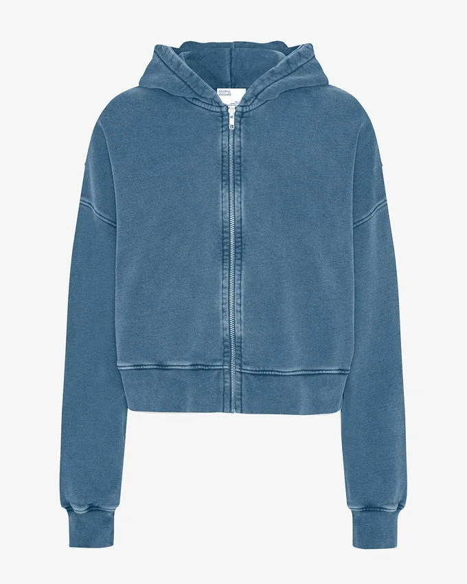 Sweat à capuche court zippé bio - Indigo délavé