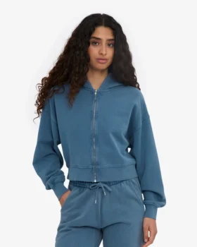 Sweat à capuche court zippé bio – Indigo délavé