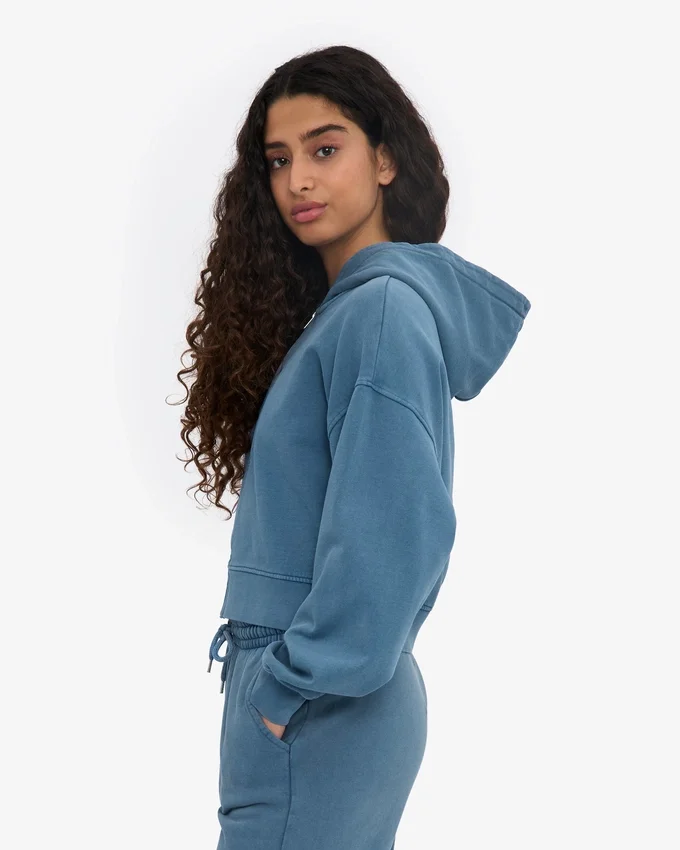 Sweat à capuche court zippé bio - Indigo délavé