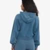 Sweat à capuche court zippé bio - Indigo délavé