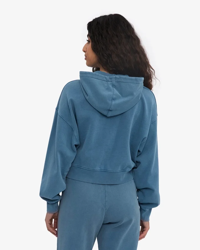 Sweat à capuche court zippé bio - Indigo délavé
