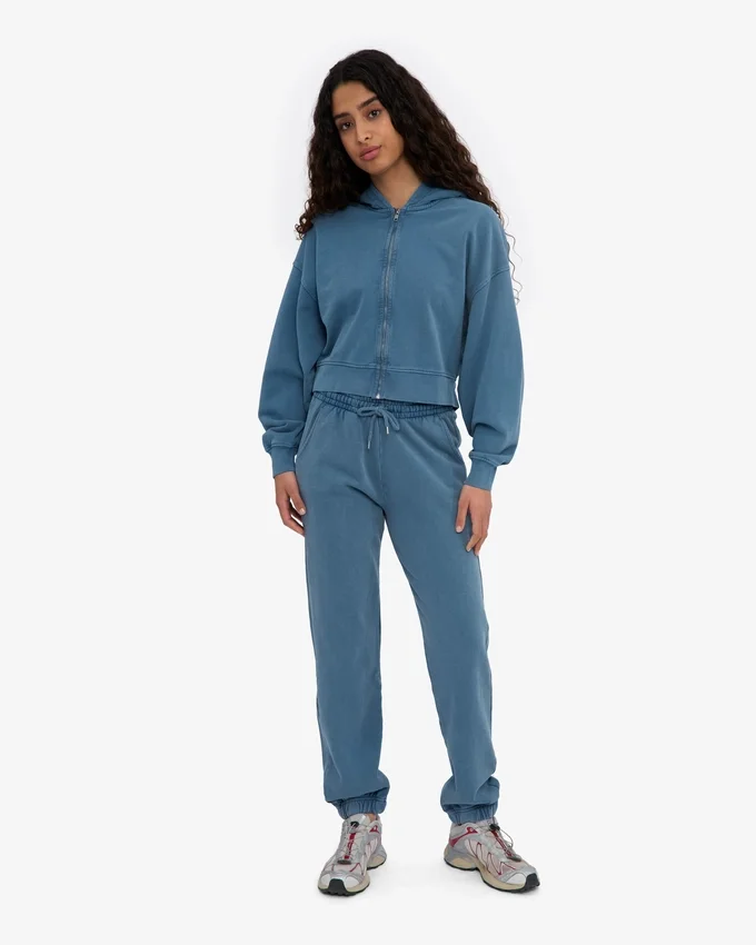 Sweat à capuche court zippé bio - Indigo délavé