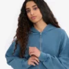 Sweat à capuche court zippé bio - Indigo délavé
