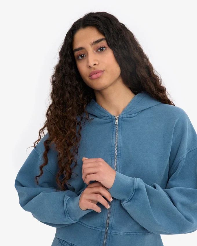 Sweat à capuche court zippé bio - Indigo délavé