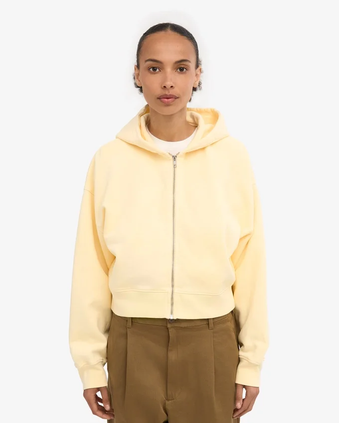 Sweat à capuche court zippé bio - Jaune pâle