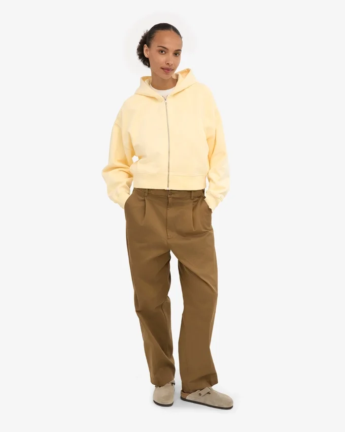 Sweat à capuche court zippé bio - Jaune pâle