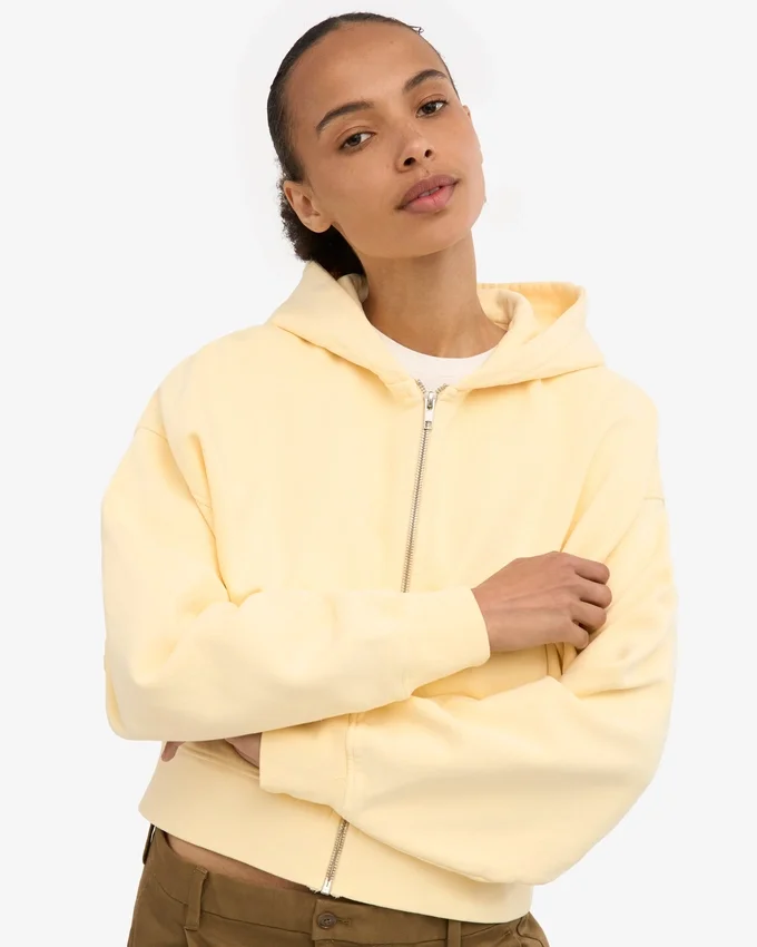 Sweat à capuche court zippé bio - Jaune pâle