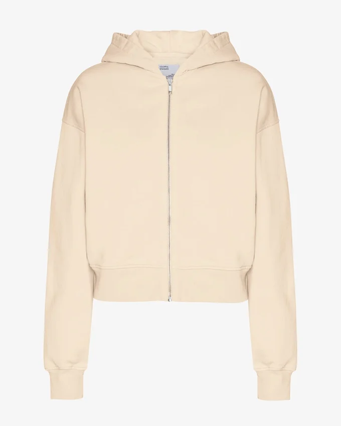Sweat à capuche court zippé en coton bio - Blanc ivoire