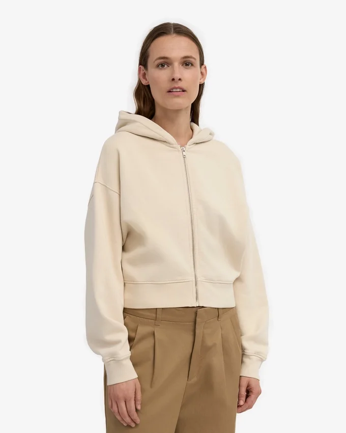 Sweat à capuche court zippé en coton bio - Blanc ivoire
