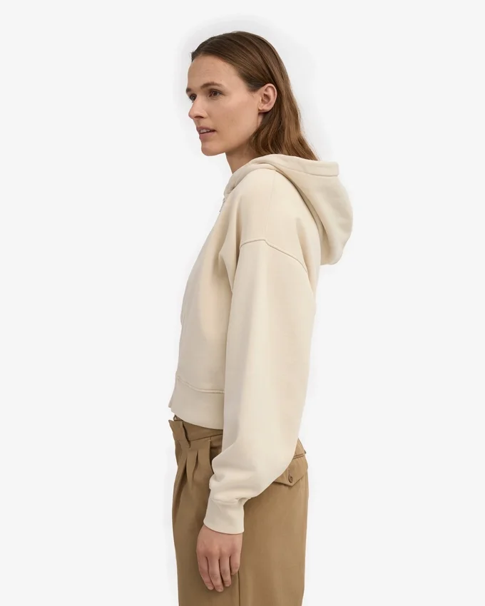 Sweat à capuche court zippé en coton bio - Blanc ivoire