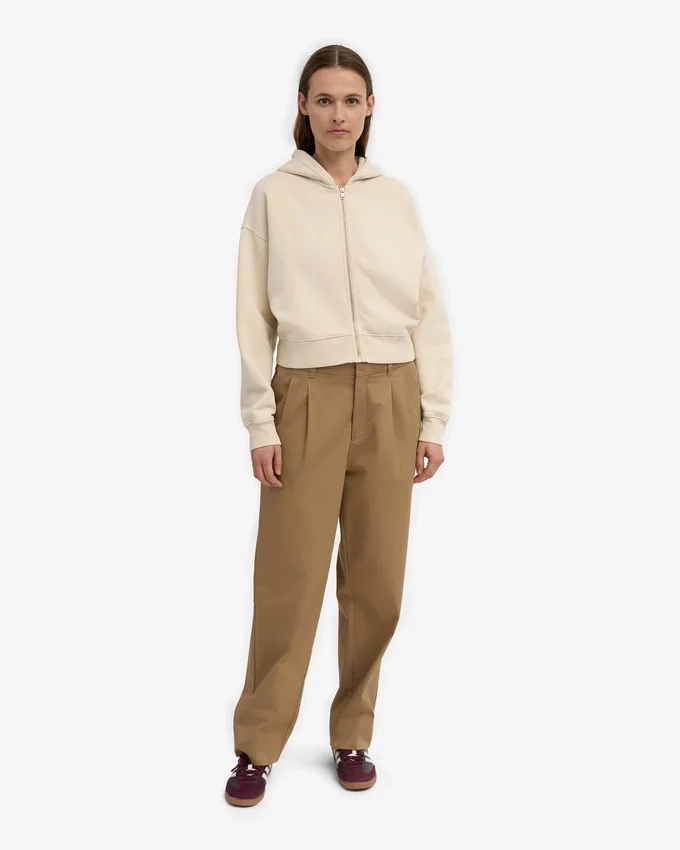Sweat à capuche court zippé en coton bio - Blanc ivoire