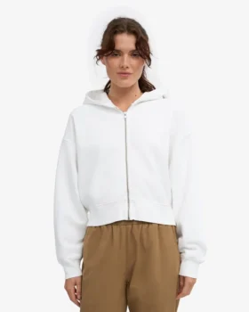 Sweat à capuche court zippé en coton bio – Blanc optique