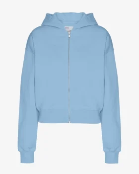 Sweat à capuche court zippé en coton bio - Bleu bord de mer