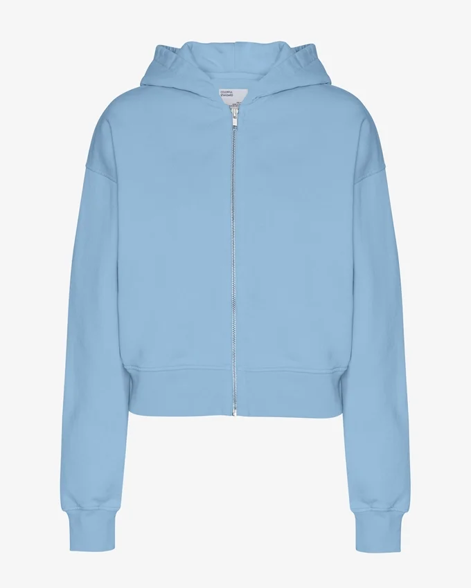 Sweat à capuche court zippé en coton bio - Bleu bord de mer