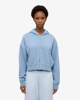 Sweat à capuche court zippé en coton bio – Bleu bord de mer