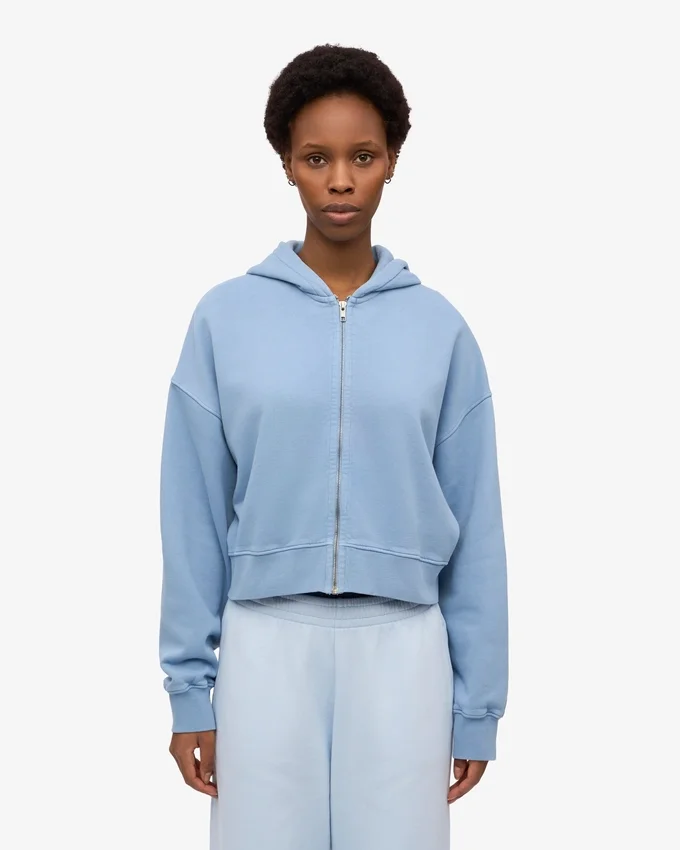 Sweat à capuche court zippé en coton bio - Bleu bord de mer
