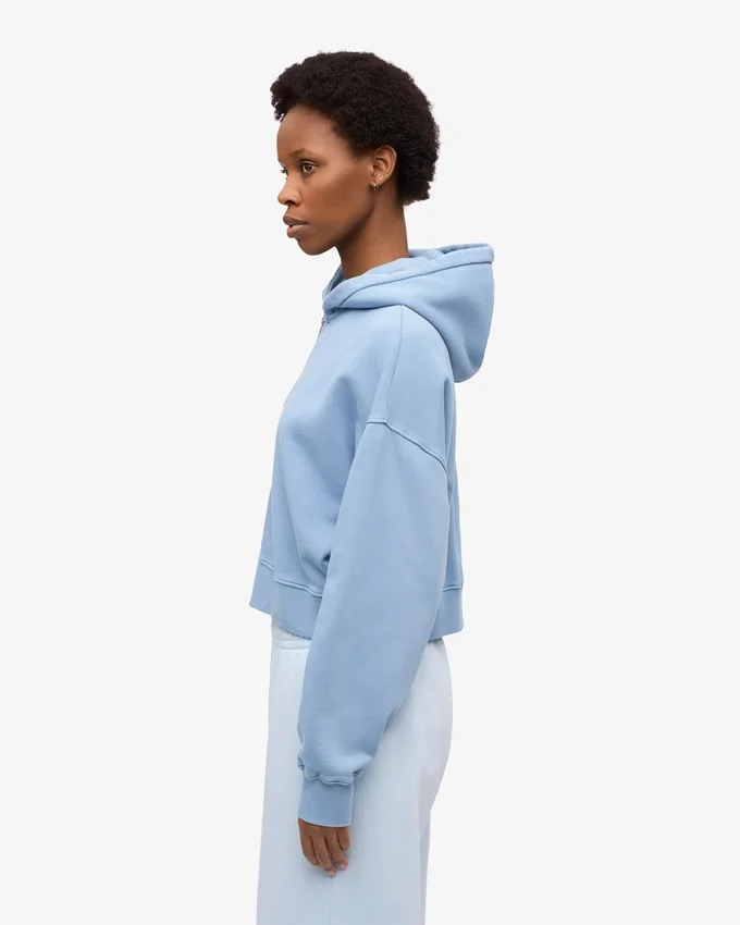 Sweat à capuche court zippé en coton bio - Bleu bord de mer