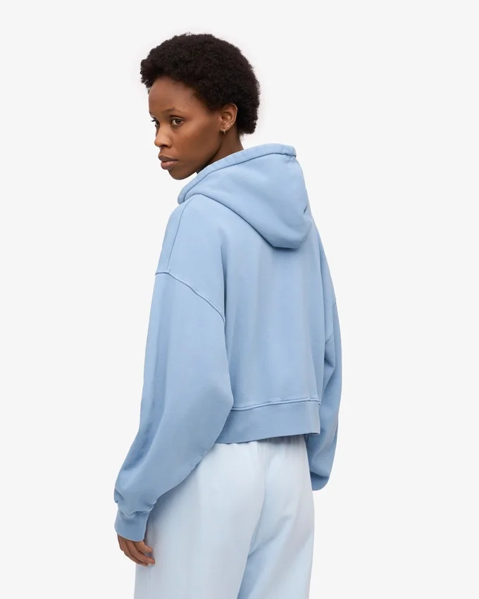 Sweat à capuche court zippé en coton bio - Bleu bord de mer