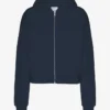 Sweat à capuche court zippé en coton bio - Bleu marine