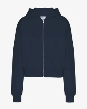 Sweat à capuche court zippé en coton bio - Bleu marine