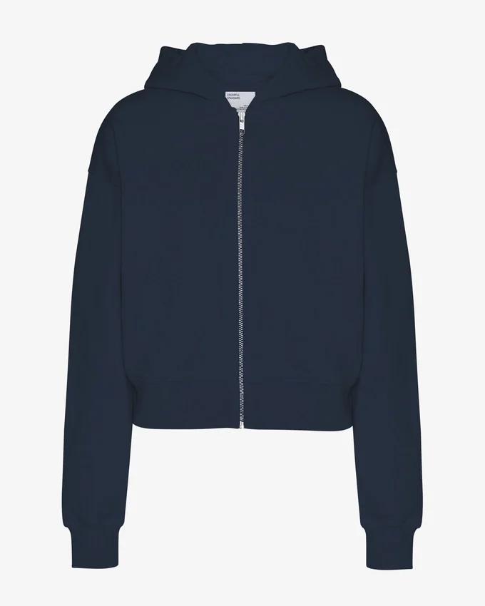Sweat à capuche court zippé en coton bio - Bleu marine