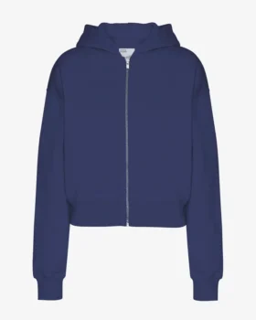 Sweat à capuche court zippé en coton bio - Bleu marine