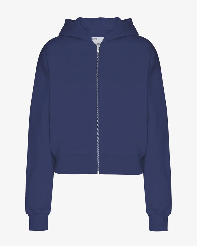 Sweat à capuche court zippé en coton bio - Bleu marine