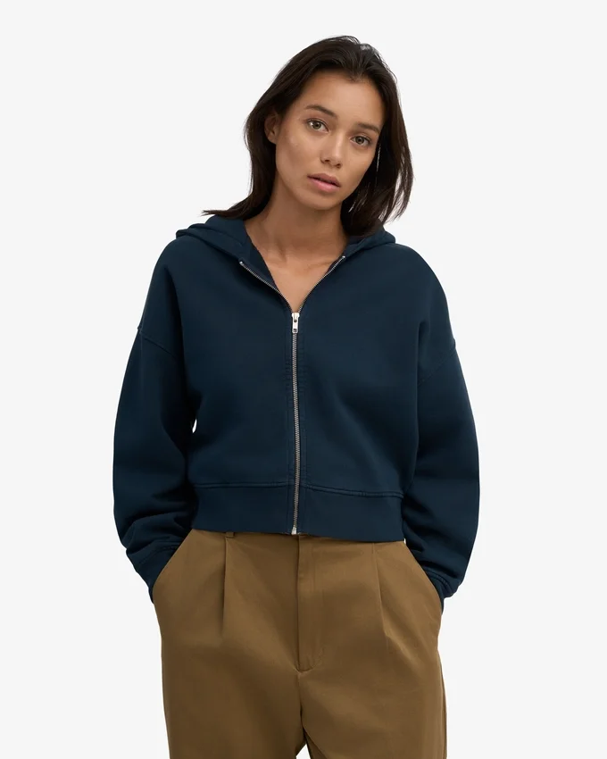 Sweat à capuche court zippé en coton bio - Bleu marine