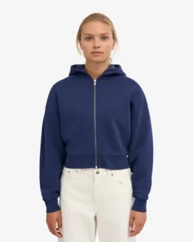 Sweat à capuche court zippé en coton bio – Bleu marine