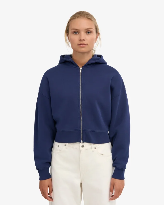 Sweat à capuche court zippé en coton bio - Bleu marine