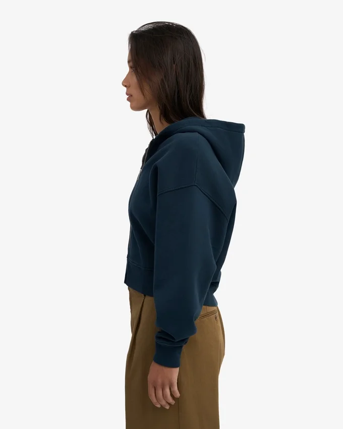 Sweat à capuche court zippé en coton bio - Bleu marine