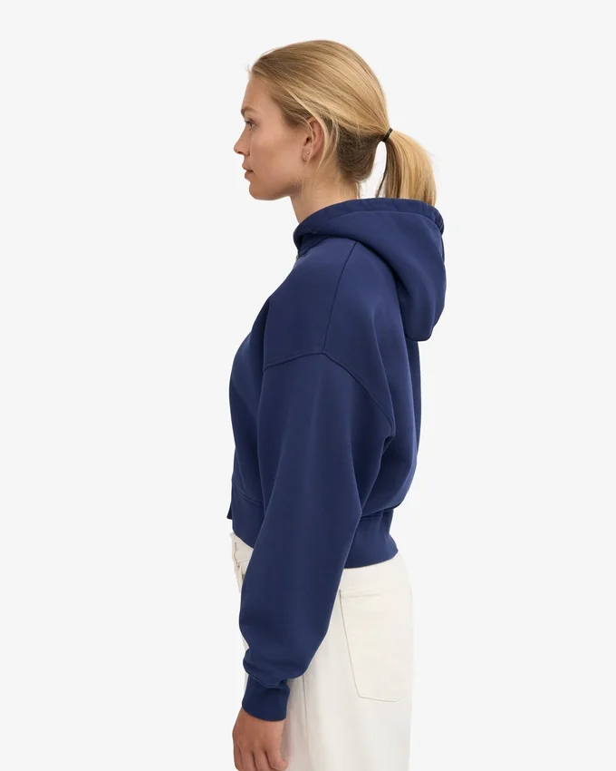 Sweat à capuche court zippé en coton bio - Bleu marine