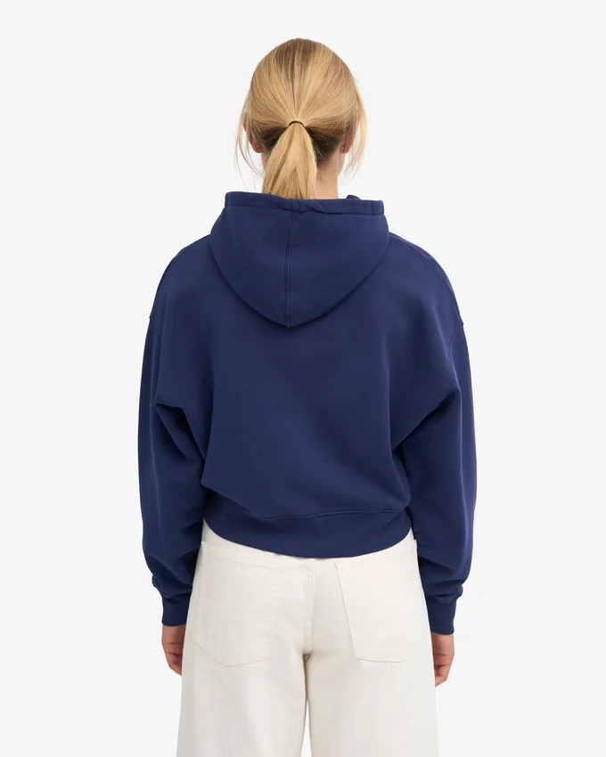 Sweat à capuche court zippé en coton bio - Bleu marine