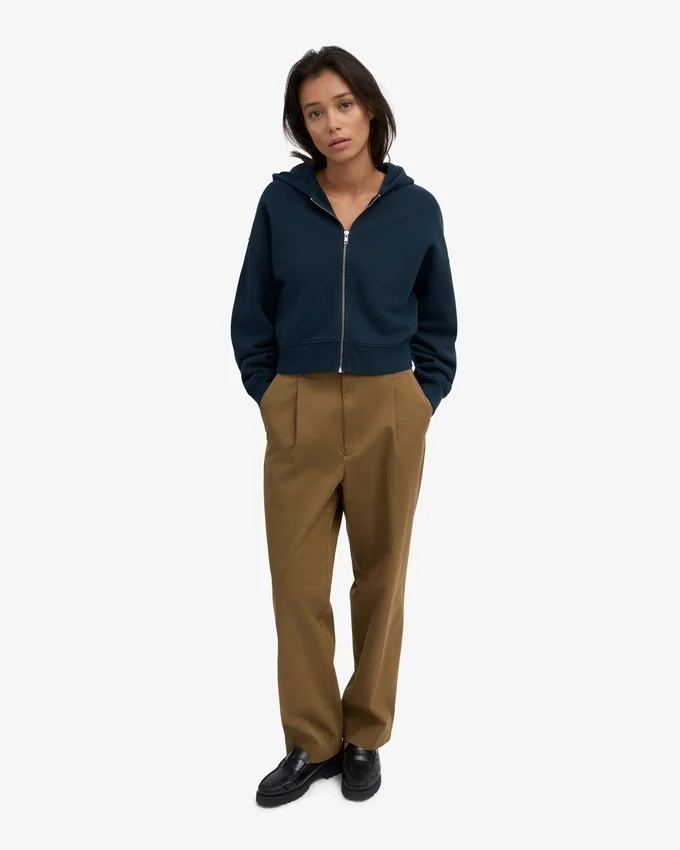 Sweat à capuche court zippé en coton bio - Bleu marine