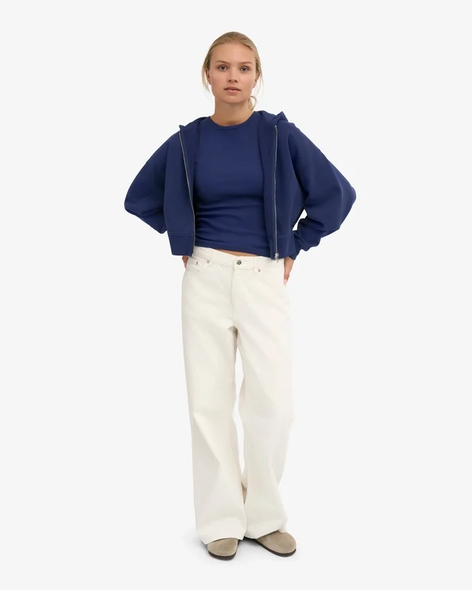 Sweat à capuche court zippé en coton bio - Bleu marine