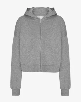 Sweat à capuche court zippé en coton bio - Gris chiné