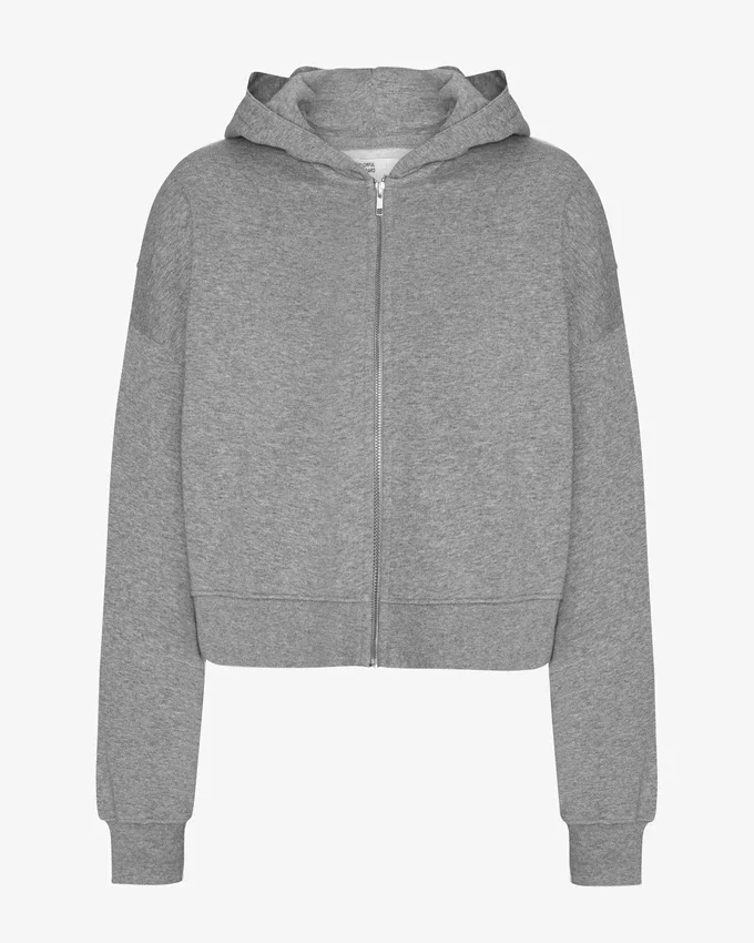 Sweat à capuche court zippé en coton bio - Gris chiné