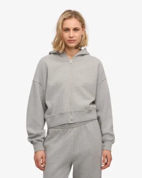 Sweat à capuche court zippé en coton bio – Gris chiné
