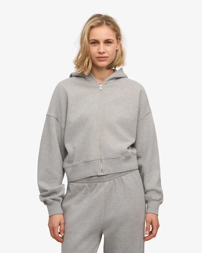 Sweat à capuche court zippé en coton bio - Gris chiné