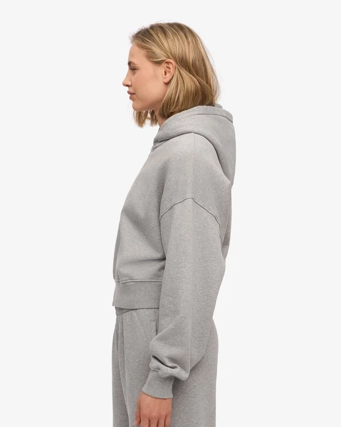 Sweat à capuche court zippé en coton bio - Gris chiné