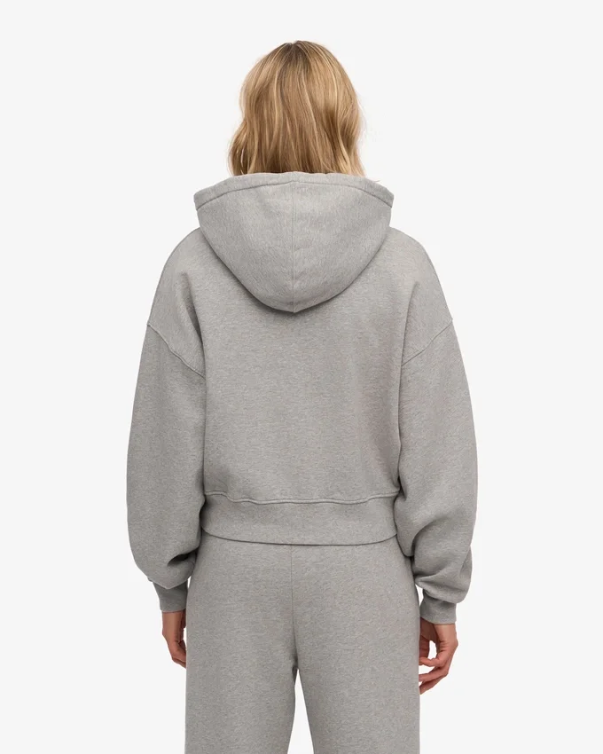 Sweat à capuche court zippé en coton bio - Gris chiné