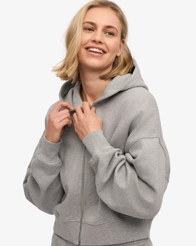 Sweat à capuche court zippé en coton bio - Gris chiné