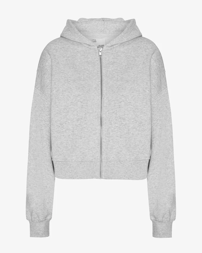 Sweat à capuche court zippé en coton bio - Mélange neige