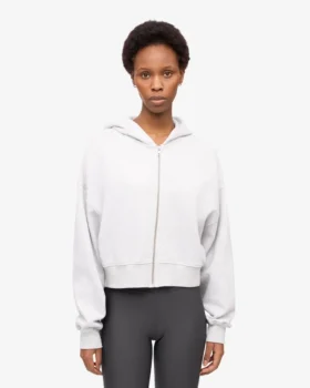 Sweat à capuche court zippé en coton bio – Mélange neige