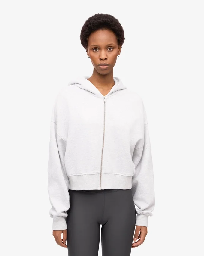 Sweat à capuche court zippé en coton bio - Mélange neige