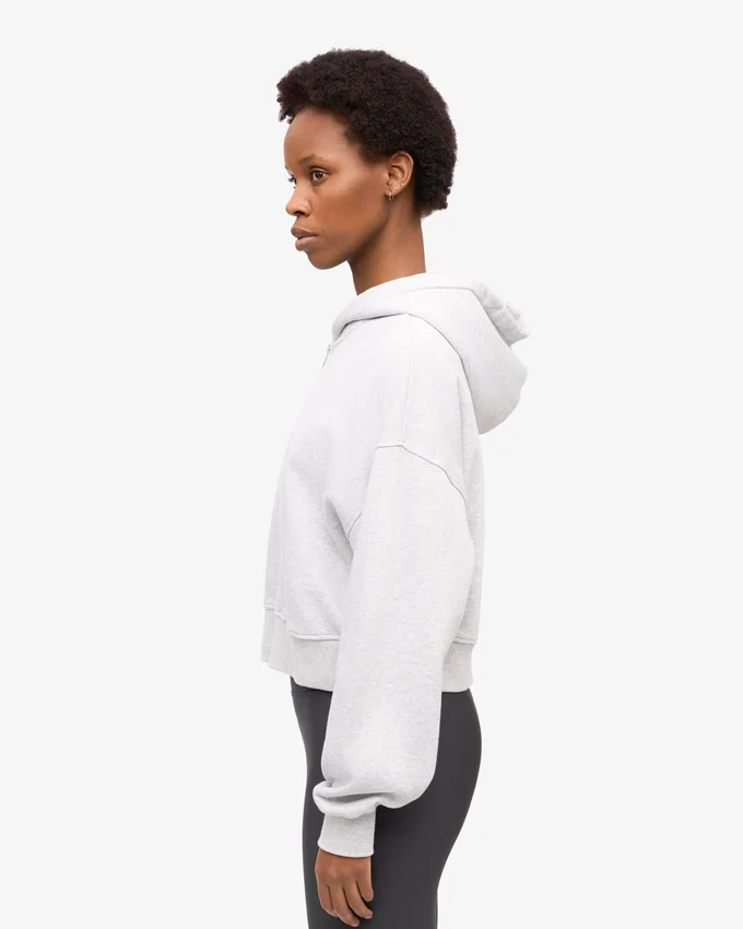 Sweat à capuche court zippé en coton bio - Mélange neige