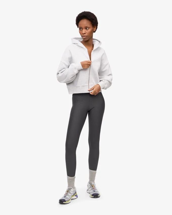 Sweat à capuche court zippé en coton bio - Mélange neige