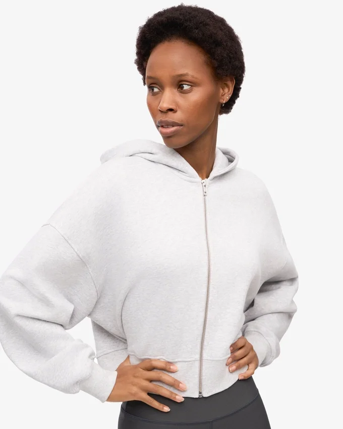 Sweat à capuche court zippé en coton bio - Mélange neige