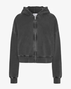 Sweat à capuche court zippé en coton bio - Noir délavé